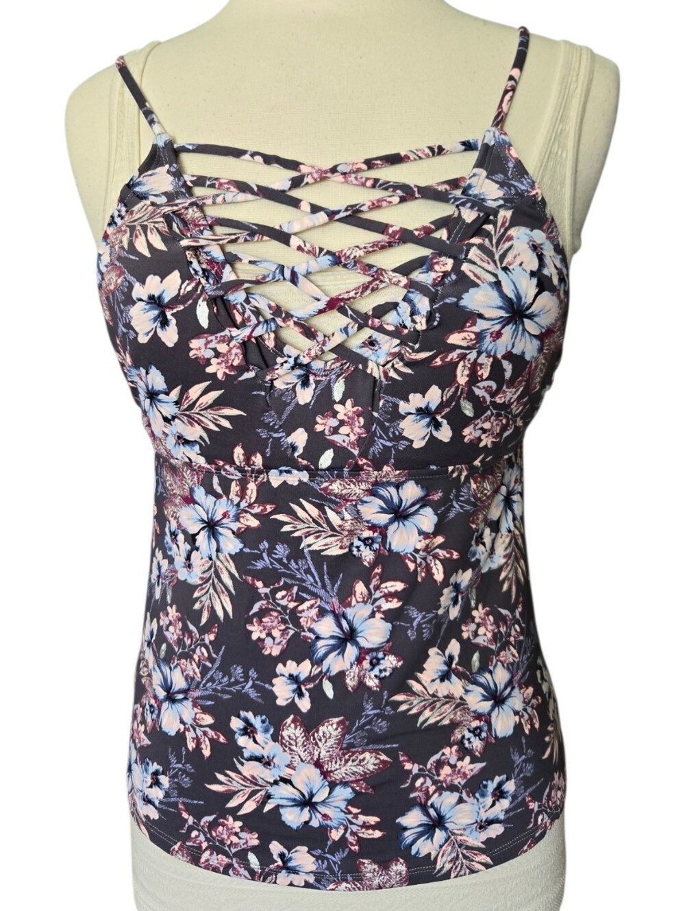 Wave Zone Floral Lace-Up Purple Tankini Top - M